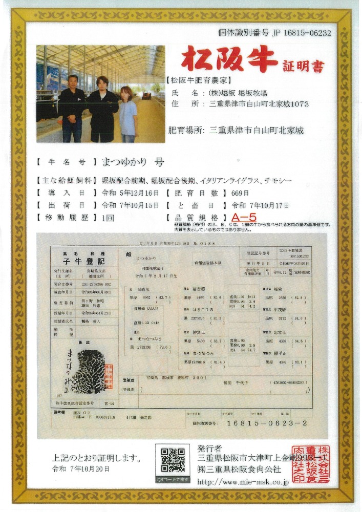 特産松阪牛　ヒレ　ブロック（冷蔵）