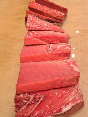 【新商品】【新商品】【訳アリ】中トロ冊冷凍養殖本鮪(ホンマグロ)　カミ・シモ