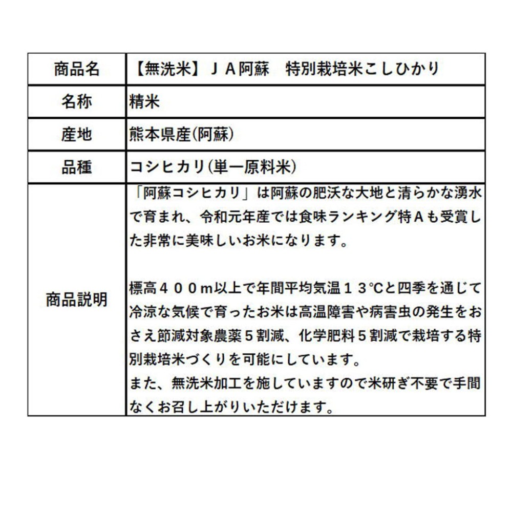 【無洗米】令和7年　JA阿蘇　特別栽培米こしひかり精米　5kgx4